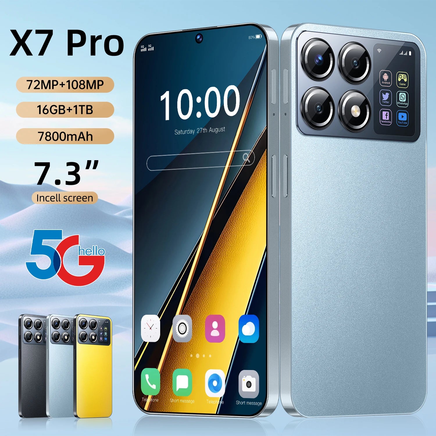 X7 Pro Smartphone 5G 7.3 inch HD 22G+2TB Dual SIM  7800mAh Unlocked Global Version